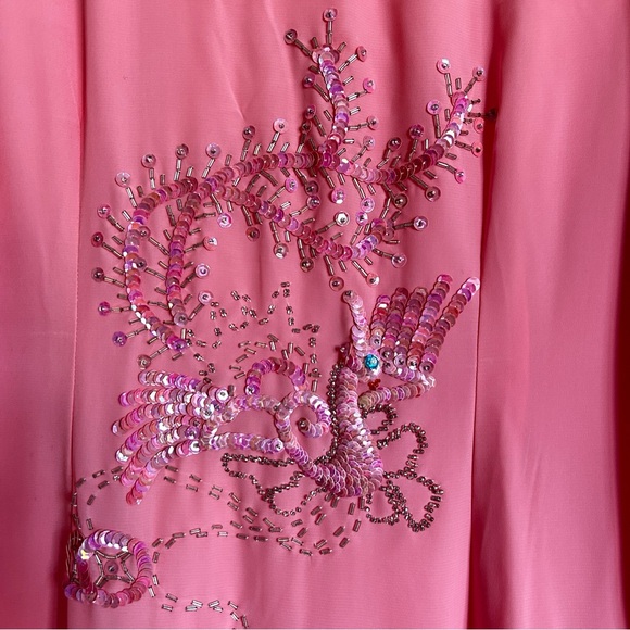 Vintage Pink Maxi Dress Long Sleeves Sequin Beaded Dragon Design Evening Glam S - Picture 7 of 9